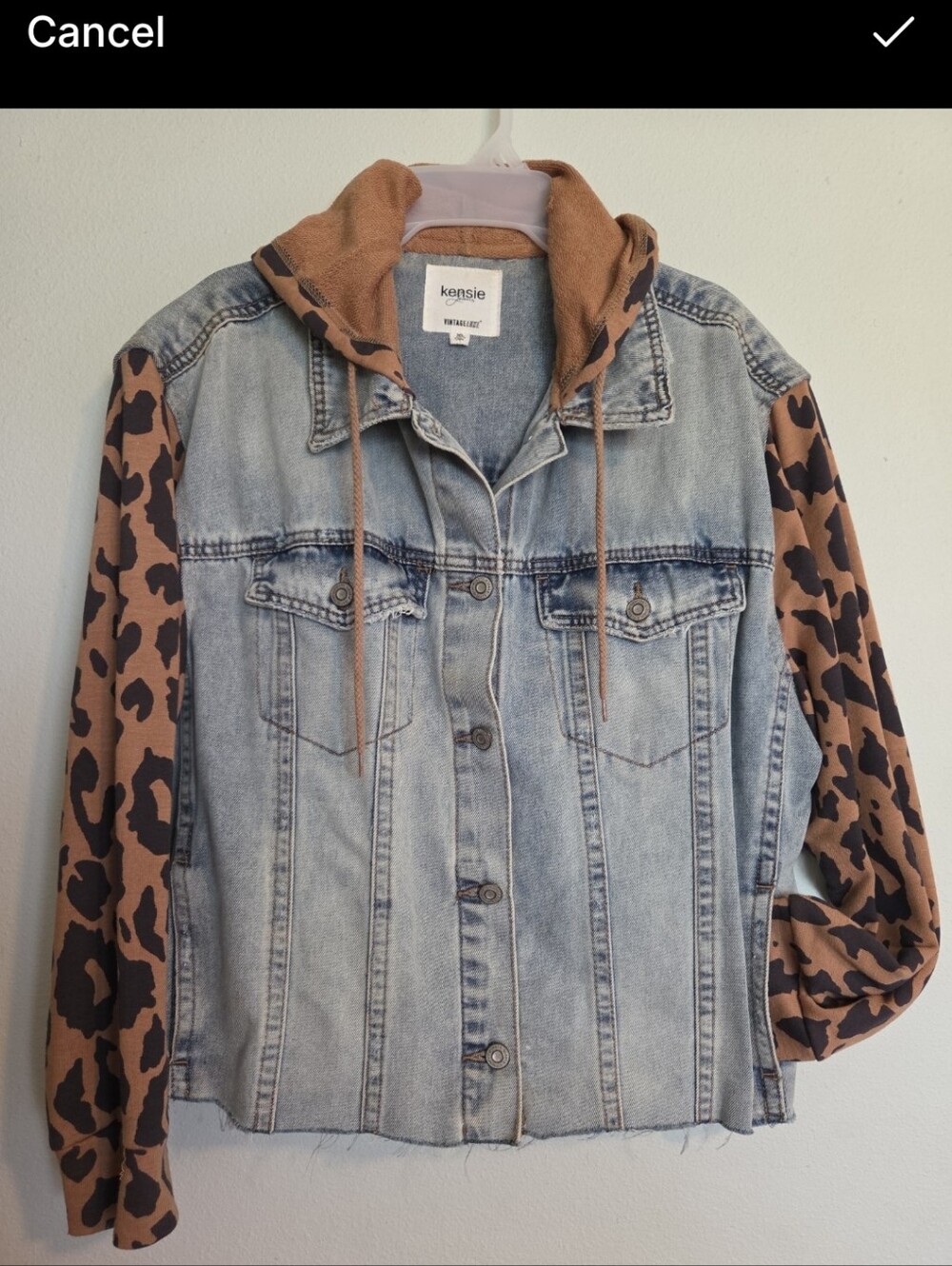 Kensie Light Blue Denim Jacket with Brown Leopard Hoodie Sleeves